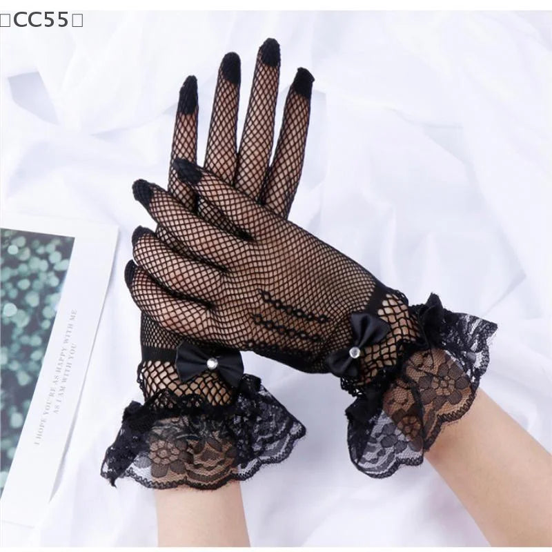 Lolita Lace Full Finger Gloves – Fishnet Mesh UV Sun Gloves Lace Fashion Gloves Qst