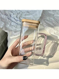 Bamboo Lid Square Glass Cup with Straw & Handle | Iced Coffee Glass Tumbler Qme pink