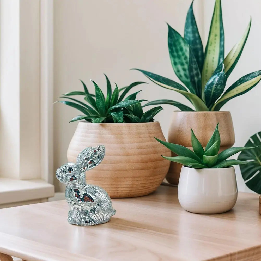 Mirror Disco Ball Bunny Figurine | Easter Rabbit Desk Ornament Decorative Figurine Qme