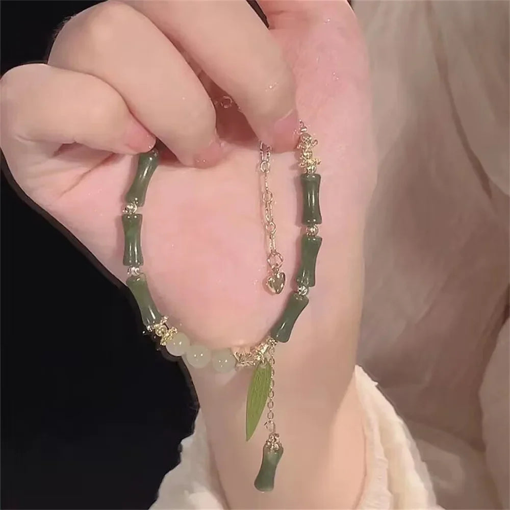 Handmade Green Natural Stone Bamboo Leaf Beaded Bracelet Beaded Bracelet Qme