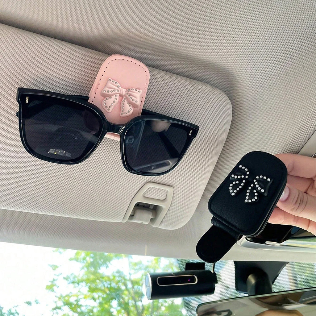 Car Sun Visor Glasses Clip Bow Tie Rhinestone – Cute Pink Car Visor Glasses Clip Qme