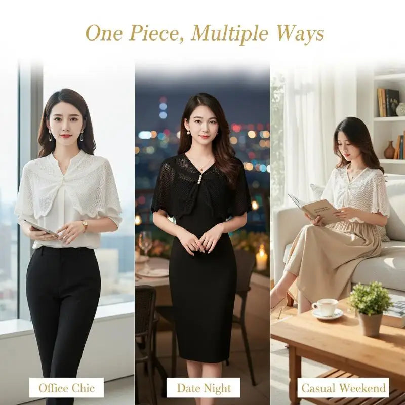 Knitted Hollow Shawl Cape with Pearl Brooch – 6 Colors Knitted Shawl Cape Qme