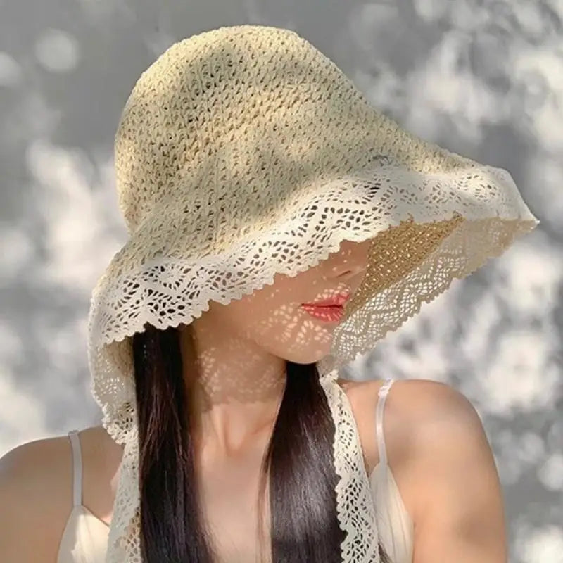 Women's Wide Brim Lace Straw Sun Hat – Foldable Beach UV Hat Straw Sun Hat Qst A2