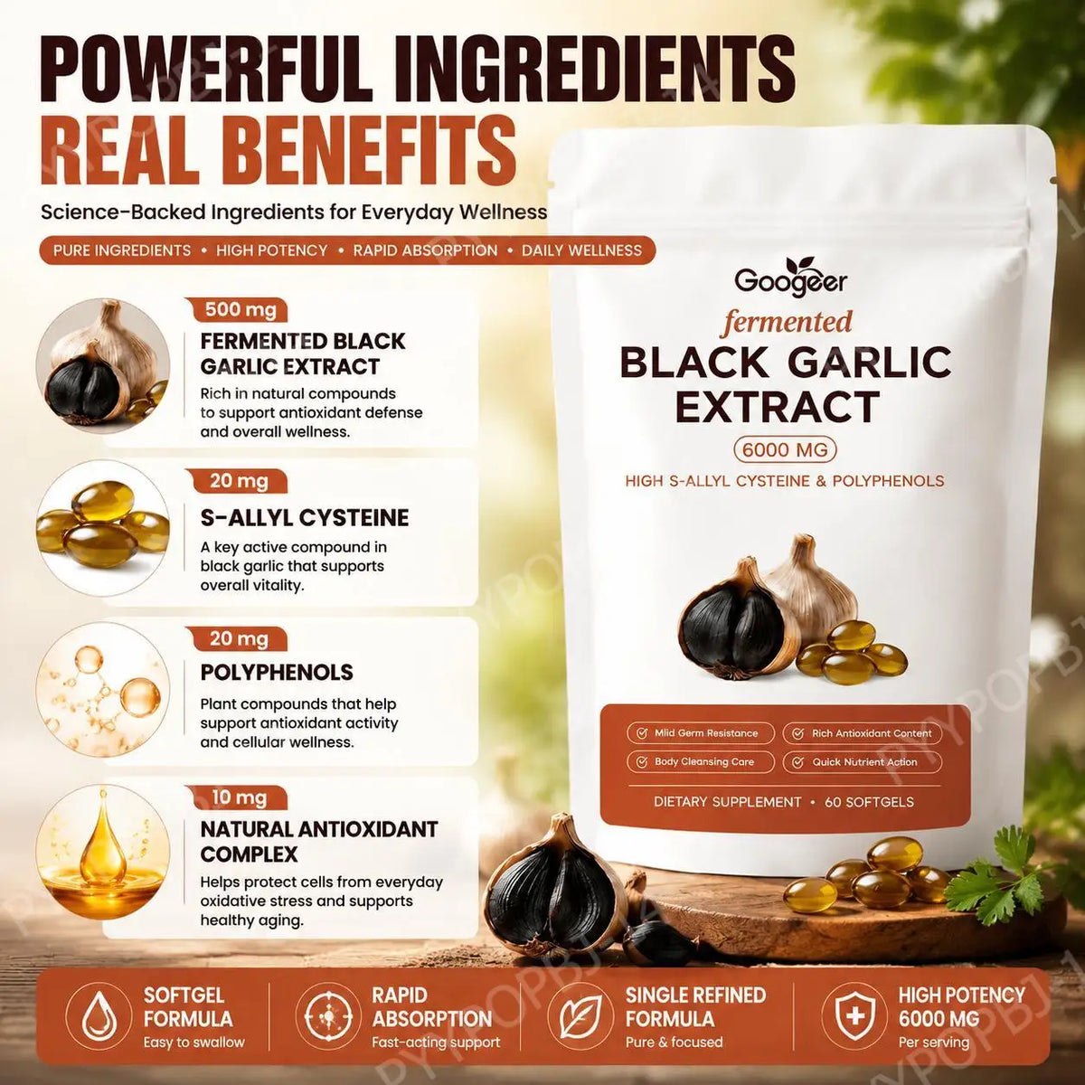 Fermented Black Garlic Extract Softgels – SAC & Polyphenols Herbal Supplement Qst