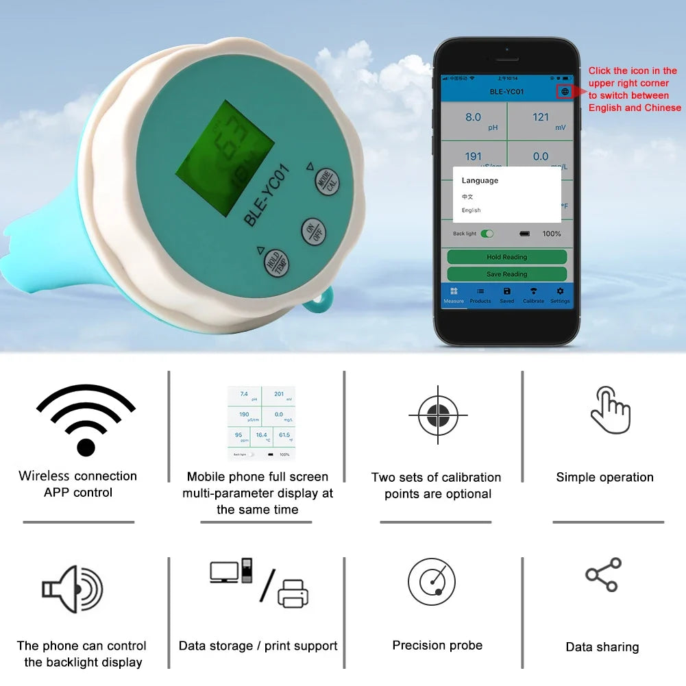6-in-1 Water Quality Tester – pH ORP EC TDS Chlorine Bluetooth Water Quality Meter Qme