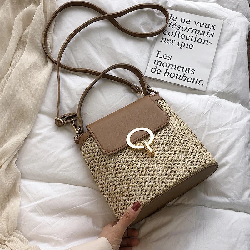 Women's Small Straw Bucket Crossbody Bag – Summer Travel Purse Crossbody Bucket Bag Qme