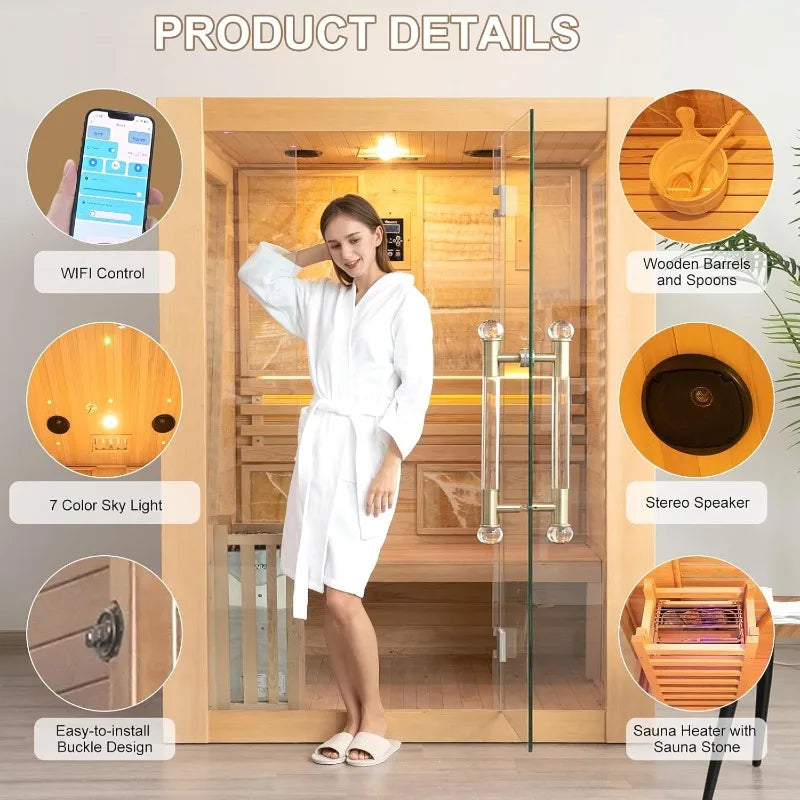 SMARTMAK 2-3 Person Canadian Hemlock Home Sauna WiFi 4.5kW Indoor Sauna Room Qst