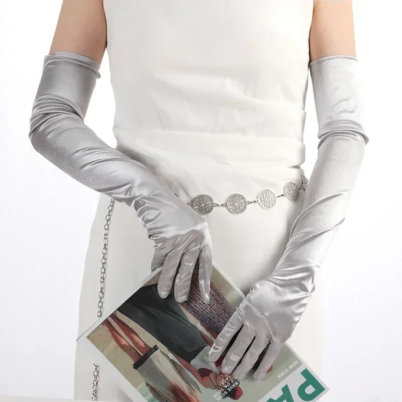 Women's Satin Long Opera Gloves – Ball, Stage & Cosplay Satin Opera Gloves Qme Silver 55cm