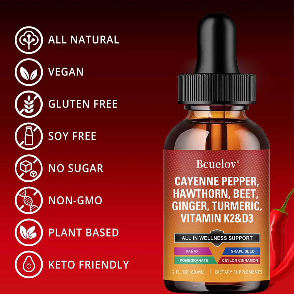 Cayenne Pepper Liquid Drops – D3 K2, Turmeric & Ginseng Herbal Liquid Supplement Qst