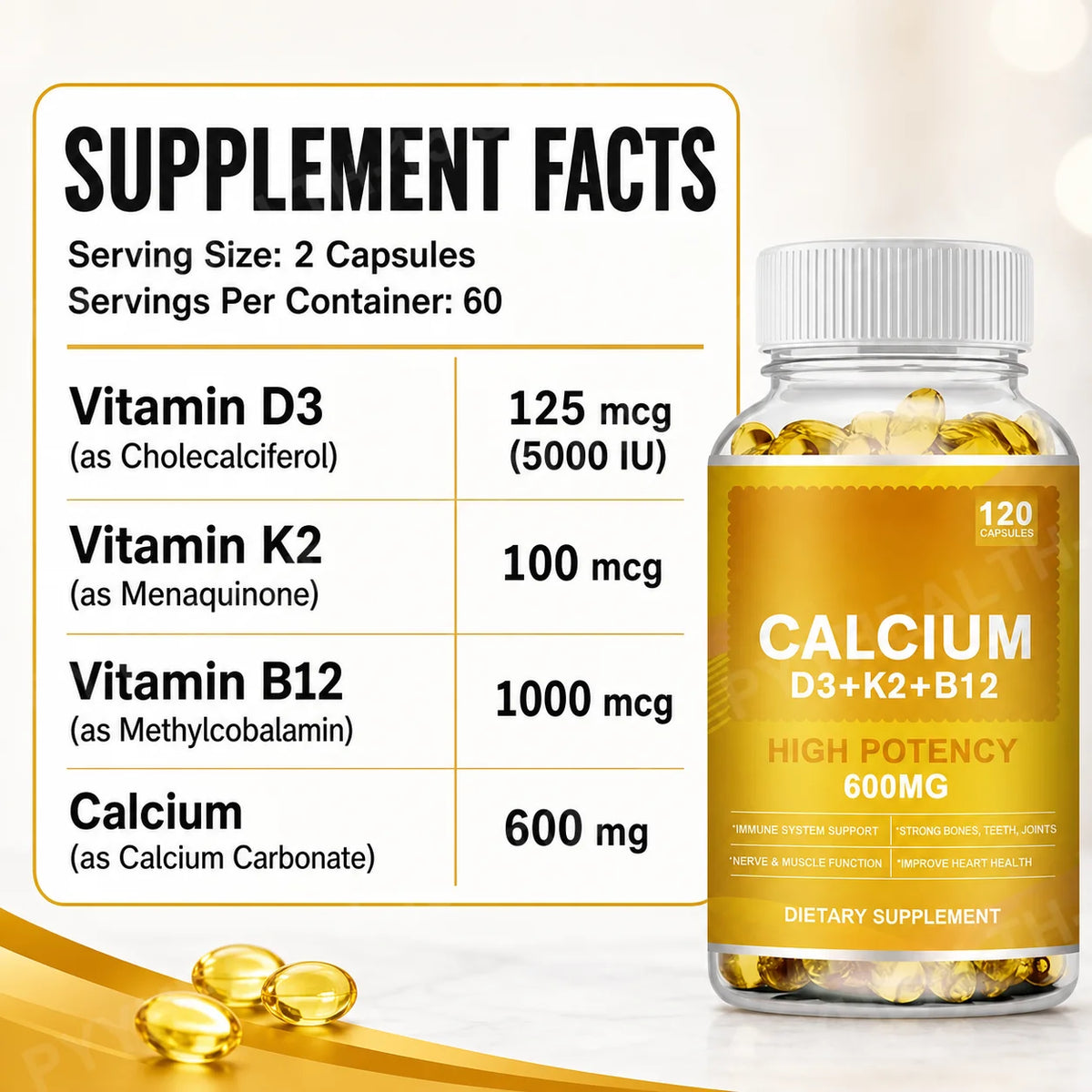 Calcium 600mg + D3 5000 IU + K2 + B12 Complex, 120 Softgels Vitamin Supplement Qst