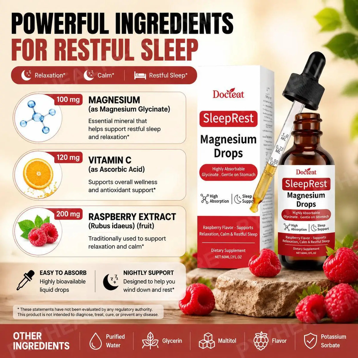 Magnesium Glycinate Liquid Drops with Vitamin C & Raspberry, 60mL Liquid Mineral Supplement Qst