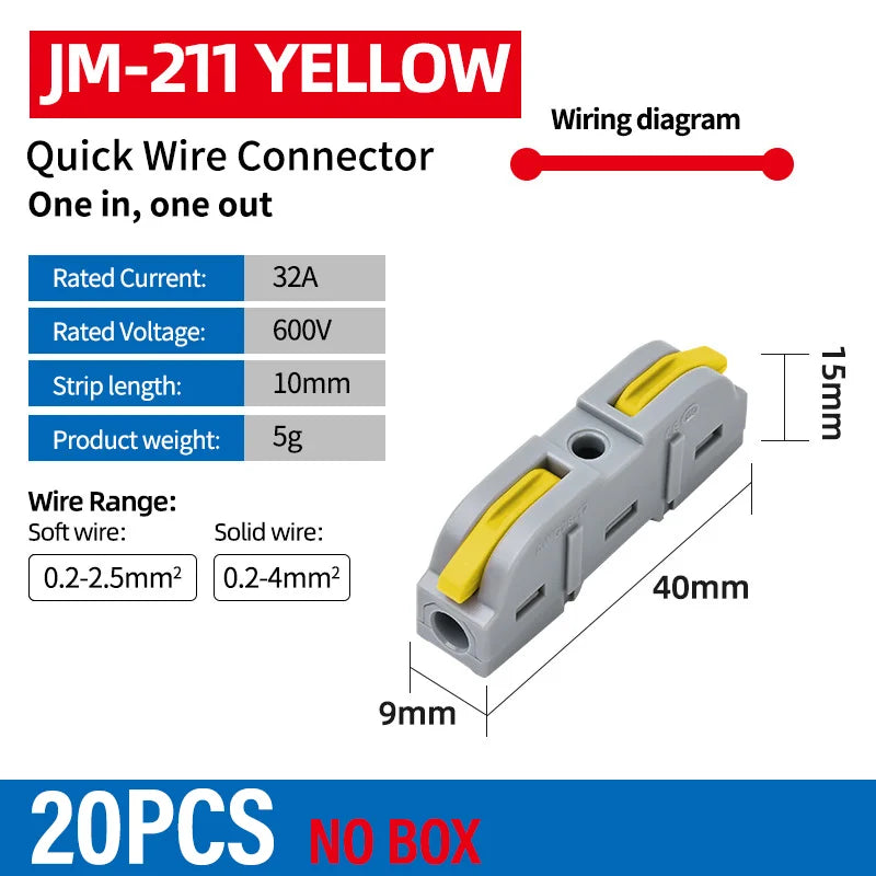 Universal Lever Wire Connectors 1-to-1 Inline Compact Splicing Lever Wire Connector Qme 211Y 20PCS