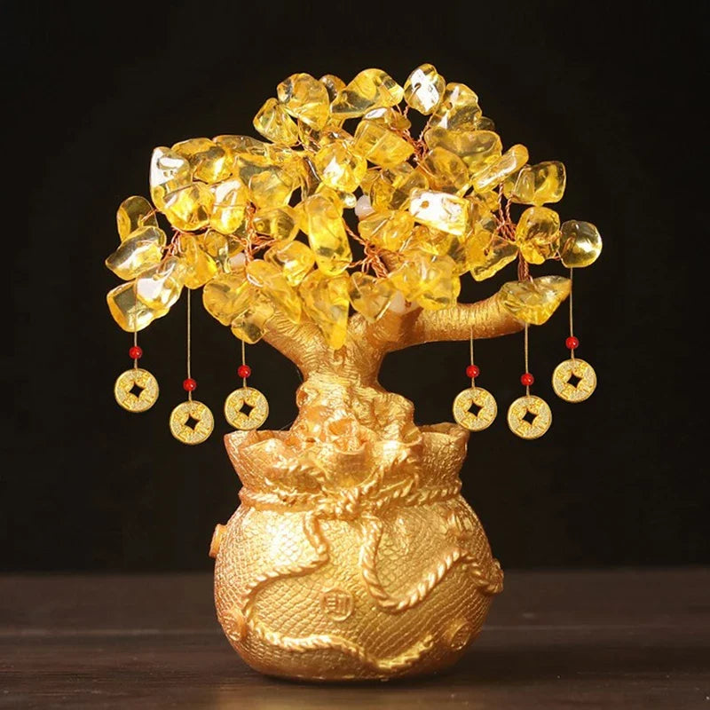 Yellow Crystal Money Tree Bonsai Feng Shui Wealth Ornament Decorative Ornament Qme