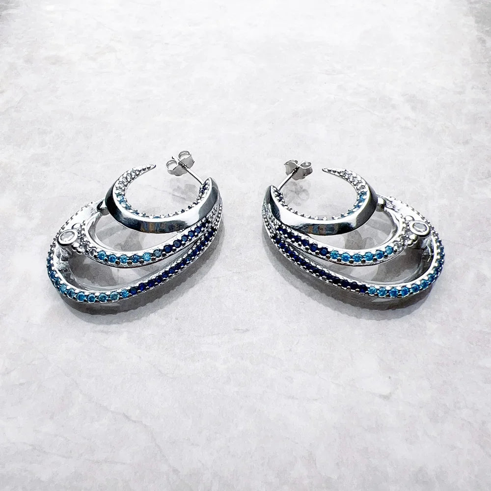 Creole Wave Hoop Earrings – Blue Stones 925 Sterling Silver Hoop Earrings Qme