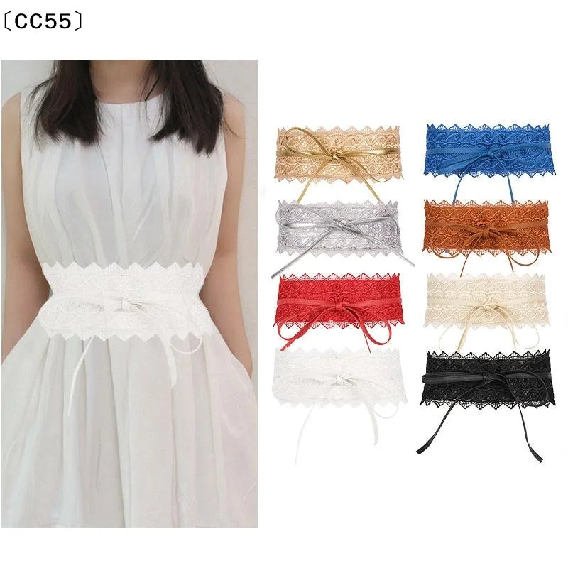 Vintage Boho Lace Bow Wide Waist Belt – Scalloped Edge Wide Waist Belt Qst