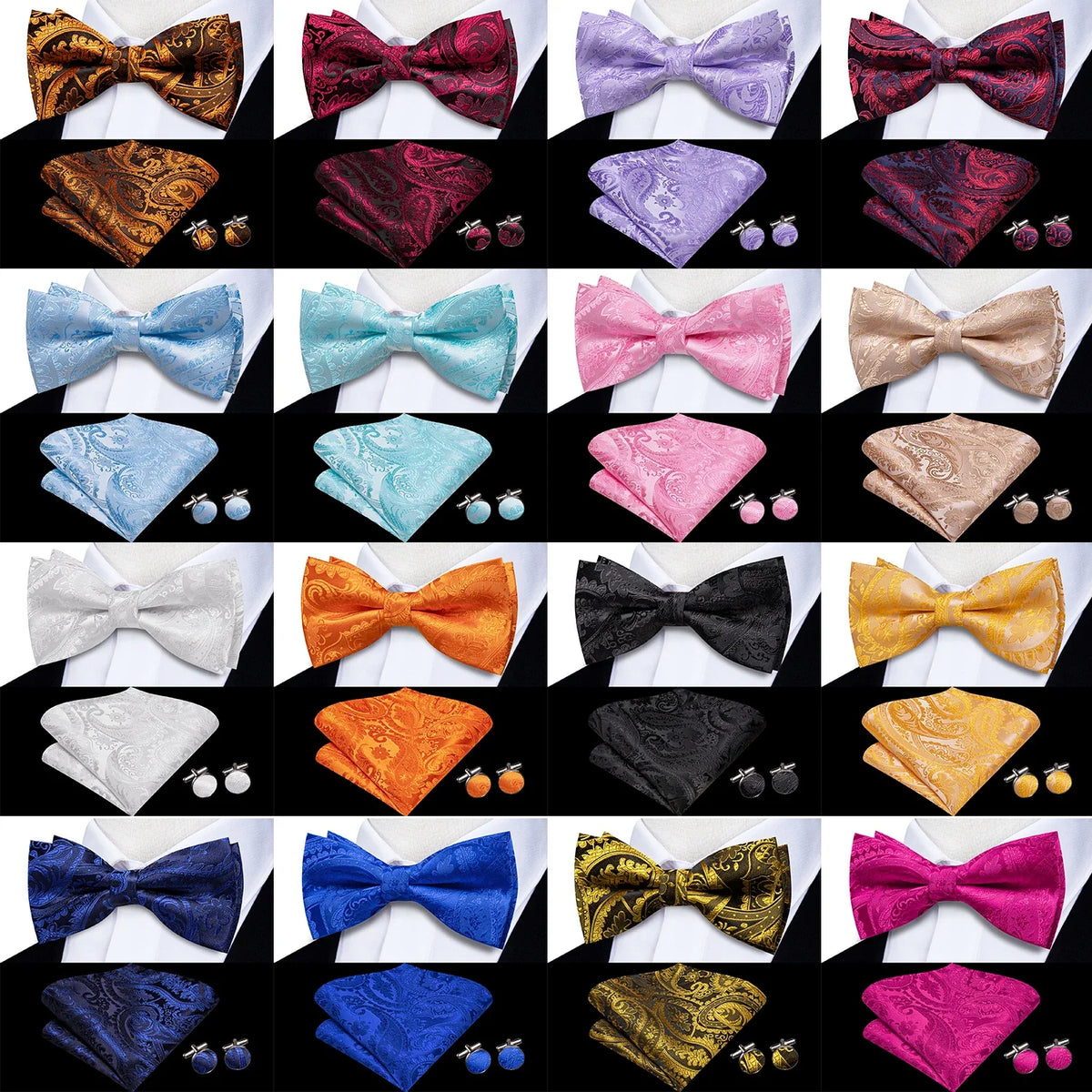 Men's Bow Tie, Pocket Square & Cufflinks Set | Hi-Tie Bow Tie Gift Set Qme