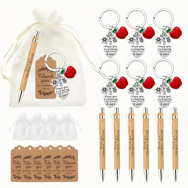Teacher Appreciation Gift Set – 6 Sets Bamboo Pen Keychain & Card Teacher Gift Set Qme 6 Sets