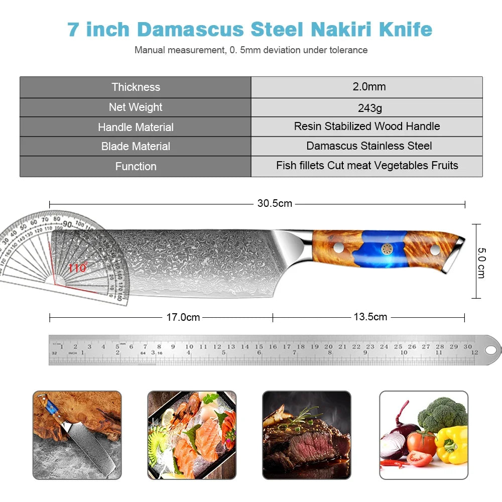 7" Nakiri Knife – Japanese Damascus Steel & Wood Handle Nakiri Chef Knife Qst