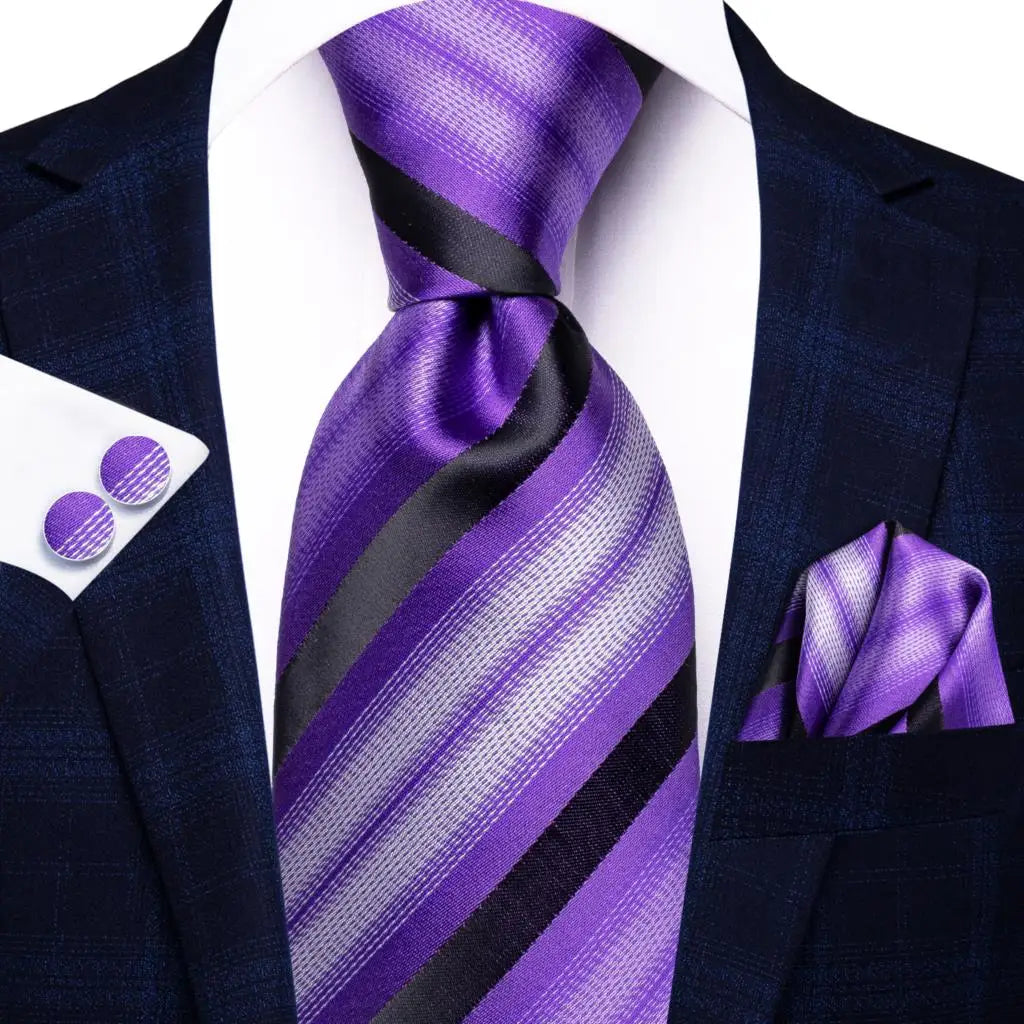 Hi-Tie Purple Silver Striped Silk Necktie – Men's Wedding Tie