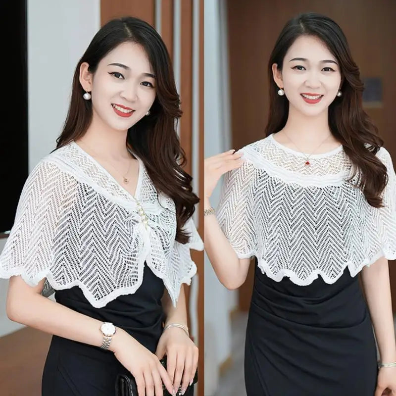 Knitted Hollow Shawl Cape with Pearl Brooch – 6 Colors Knitted Shawl Cape Qme
