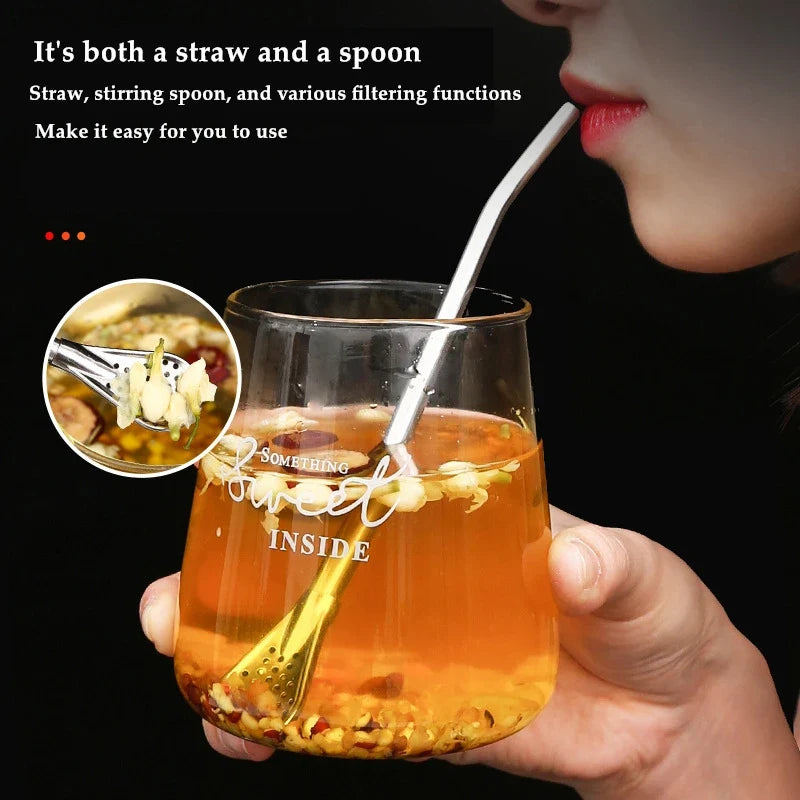 Reusable Stainless Steel Straw Spoon & Tea Filter – 3-in-1 Reusable Drinking Straw Qme