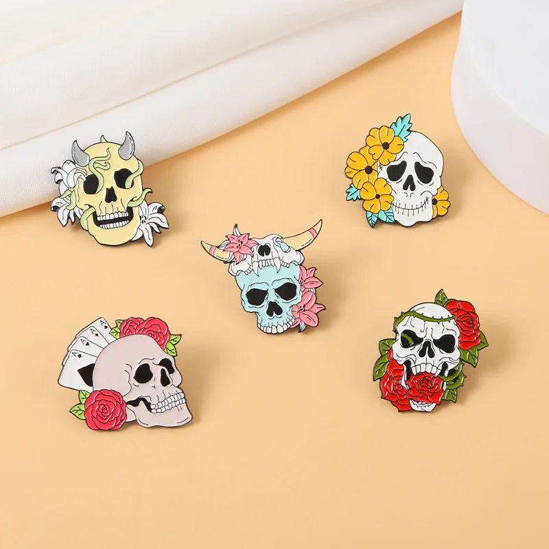 Flower Skeleton Skull Enamel Pin – Punk Lapel Brooch Badge Enamel Lapel Pin Qme