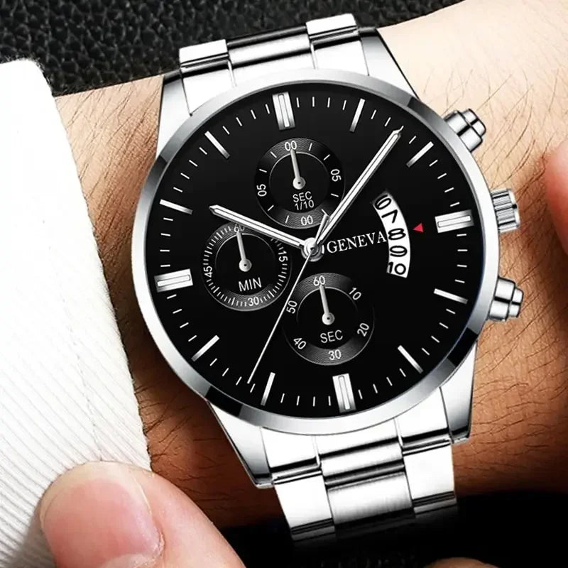 Men's Silver Stainless Steel Quartz Watch with Calendar Men's Quartz Watch Qme