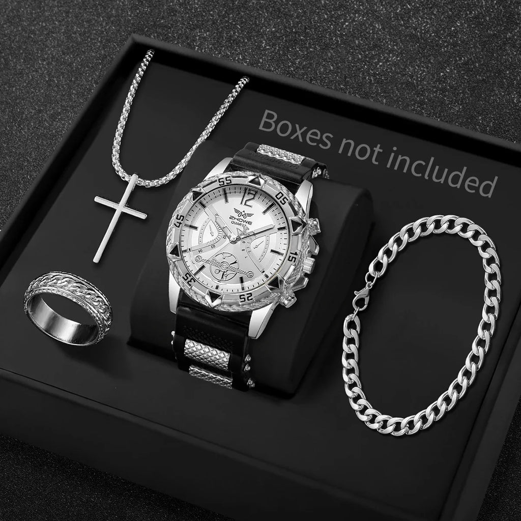 Men's Big Dial Quartz Watch Cross Necklace Bracelet Set Men's Jewelry Set Qme Silver Without Box