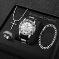 Men's Big Dial Quartz Watch Cross Necklace Bracelet Set Men's Jewelry Set Qme Silver Without Box