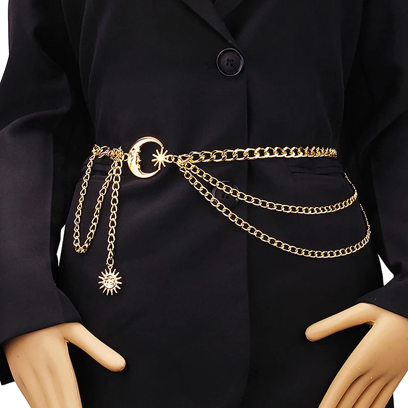 Women's Moon Star Waist Chain Belt – Gold & Silver Alloy Waist Chain Belt Qst Gold
