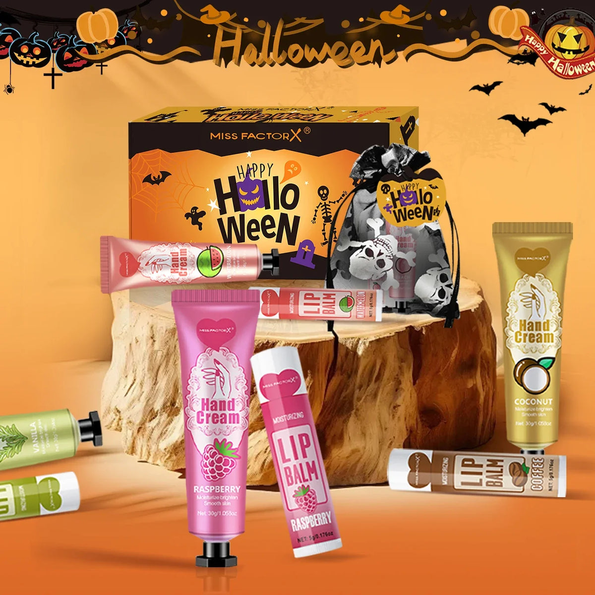 12-Pack Halloween Gift Sets – Lip Balm & Hand Cream Skull Bag Holiday Gift Set Qme