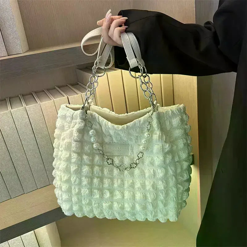 Bubble Textured Tote Bag with Pearl Chain – Large Capacity Tote Bag Qme