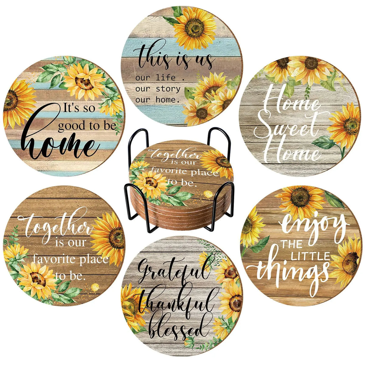 Sunflower Absorbent Wood Coasters Set with Holder | 6 Pcs Drink Coaster Set Qme Wood 6Pcs Sunflower