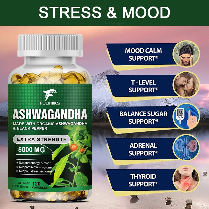 Ashwagandha KSM-66 5000mg + MACA Capsules | Focus & Energy Herbal Supplement Qst