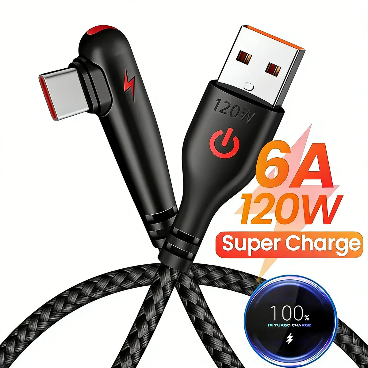 120W USB-C Fast Charging Cable | Nylon Braided, 90° Elbow USB-C Charging Cable Qme