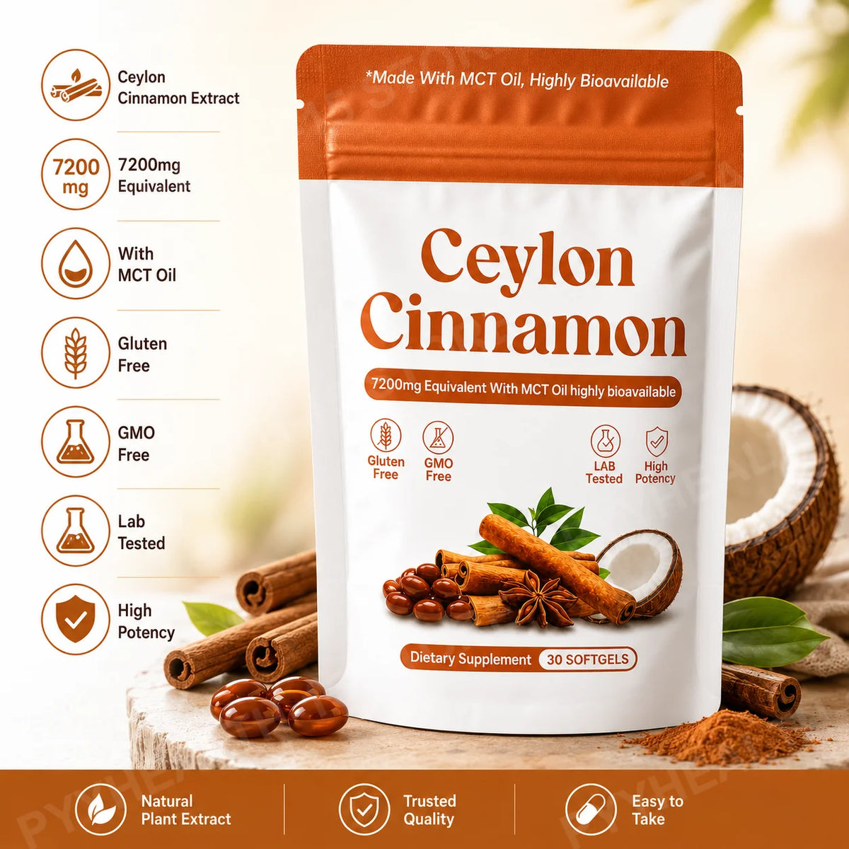Ceylon Cinnamon Extract Softgels with MCT Oil – 30 Count Herbal Supplement Qst