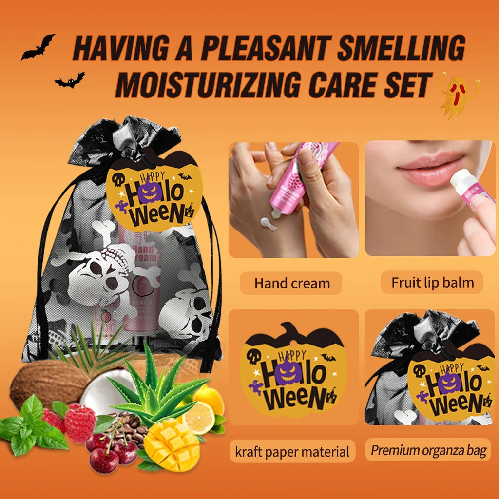 12-Pack Halloween Gift Sets – Lip Balm & Hand Cream Skull Bag Holiday Gift Set Qme
