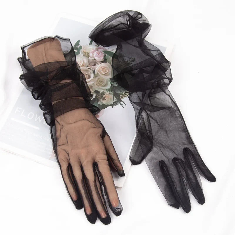 Women's Long Sheer Tulle Gloves Full Finger Mesh Arm Gloves Mesh Fashion Gloves Qme