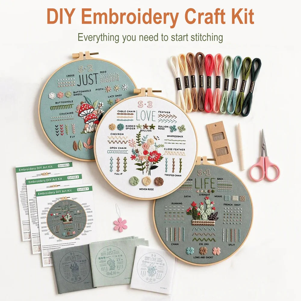 Beginner Embroidery Kit – Stamped Floral Patterns & Full Tool Set Embroidery Starter Kit Qst