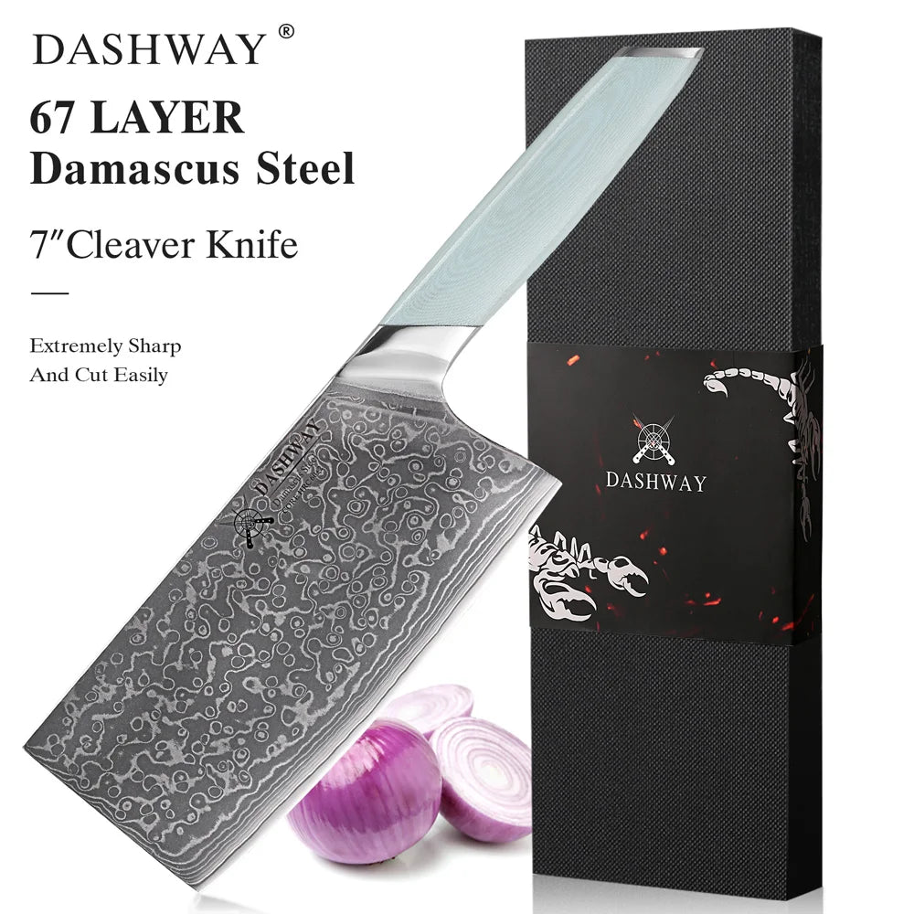 DASHWAY 7" Damascus Steel Cleaver – Professional Chef Knife Damascus Cleaver Knife Qst