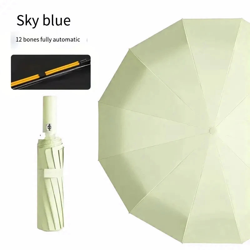 24-Rib Auto Folding Umbrella – Large UV & Rain Canopy Folding Umbrella Qst Mocha green 12K Iron