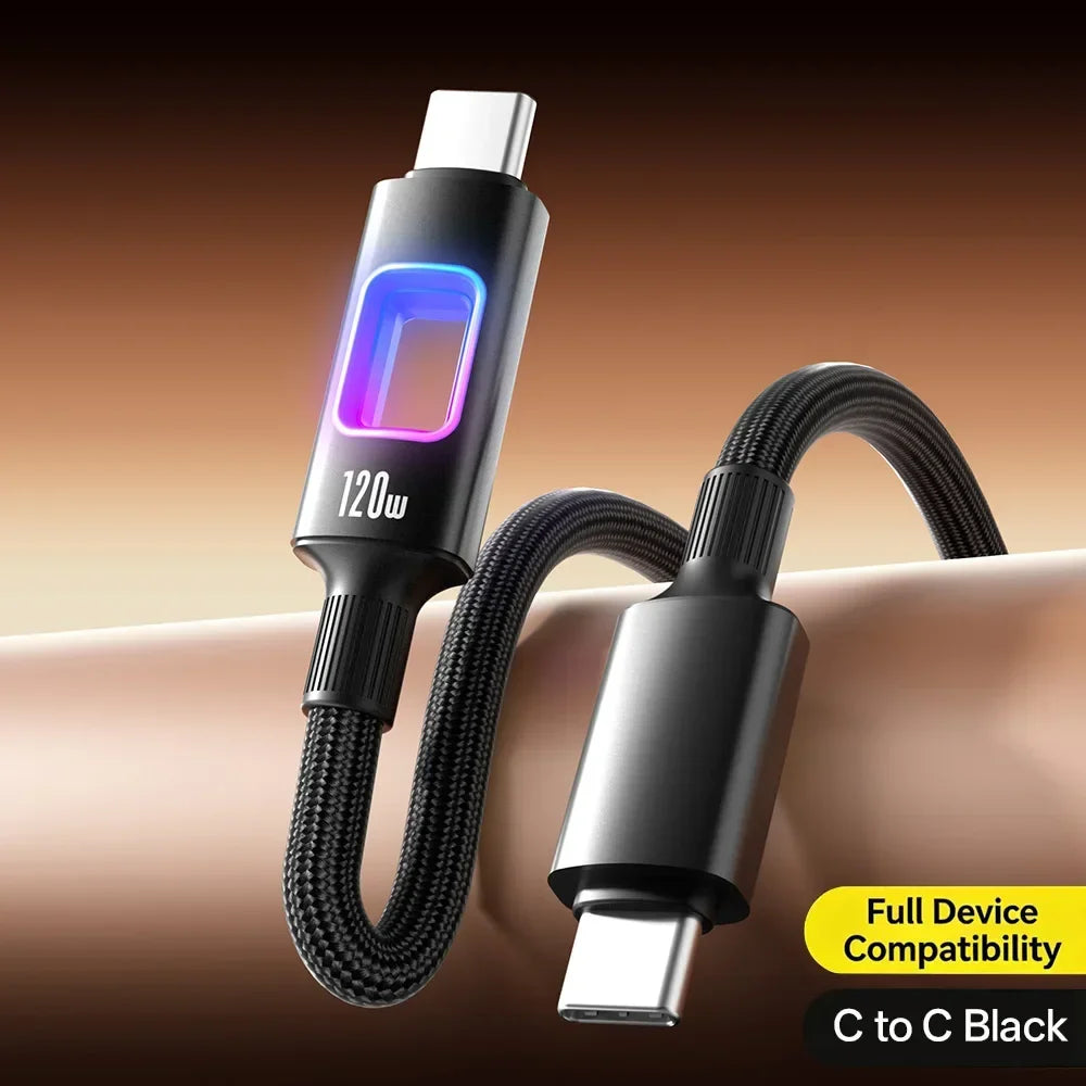 USB-C 120W RGB Fast Charging Braided Cable – PD Quick Charge USB-C Charging Cable Qme black 1.5m
