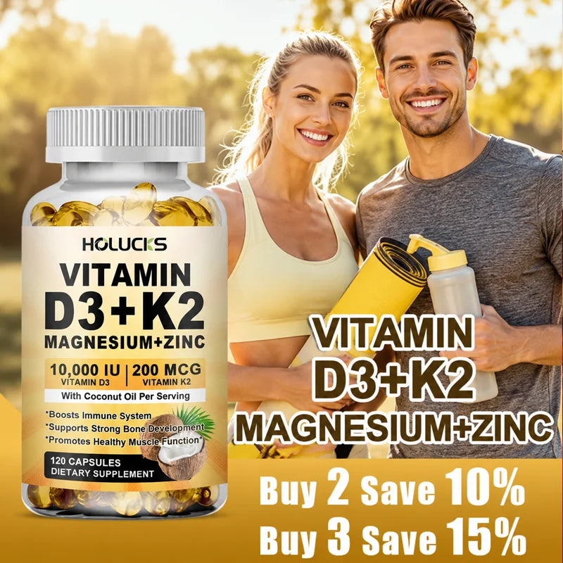 HOLUCKS D3+K2 Capsules with Magnesium & Zinc | 60/120 Count Vitamin Supplement Capsules Qst