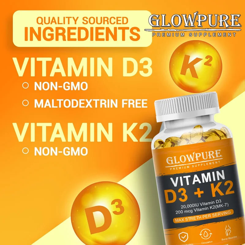 Vitamin D3 K2 Capsules 20,000 IU – Bone & Heart Support Vitamin Supplement Qst