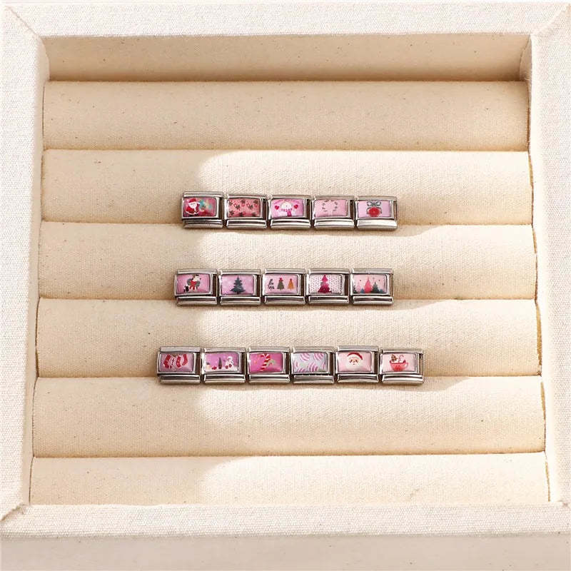 Pink Christmas Charms – Santa, Snowman, Tree, Elk & Wreath Holiday Charm Jewelry Qme