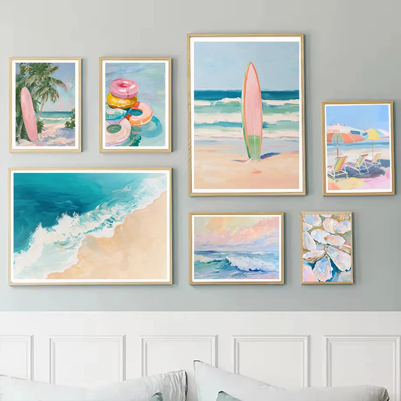 Pink Ocean Waves Seascape Canvas Wall Art – Beach Poster Canvas Wall Art Qst