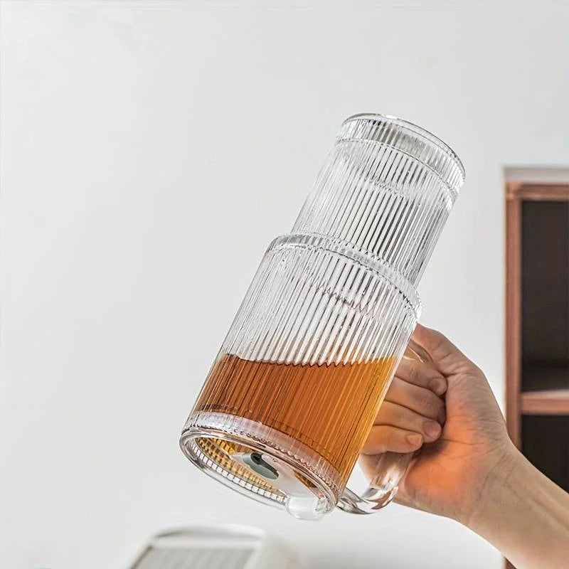 Striped Glass Tumbler with Handle, Lid & Straw – 600ml Clear Glass Tumbler Qme