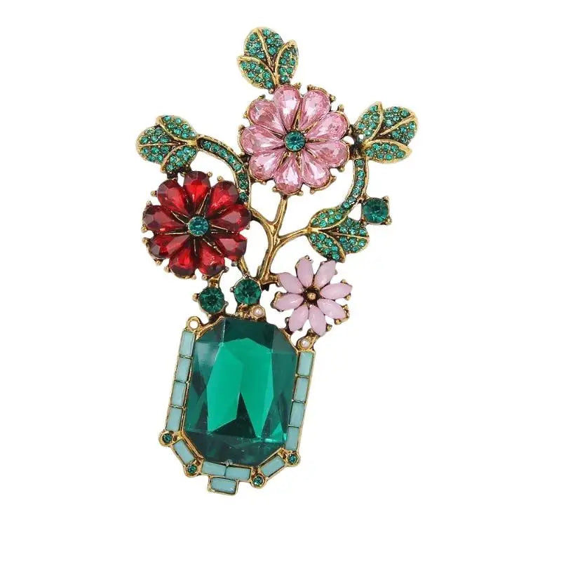 Vintage Emerald Crystal Flower Vase Brooch | Rhinestone Pin Crystal Lapel Brooch Qme