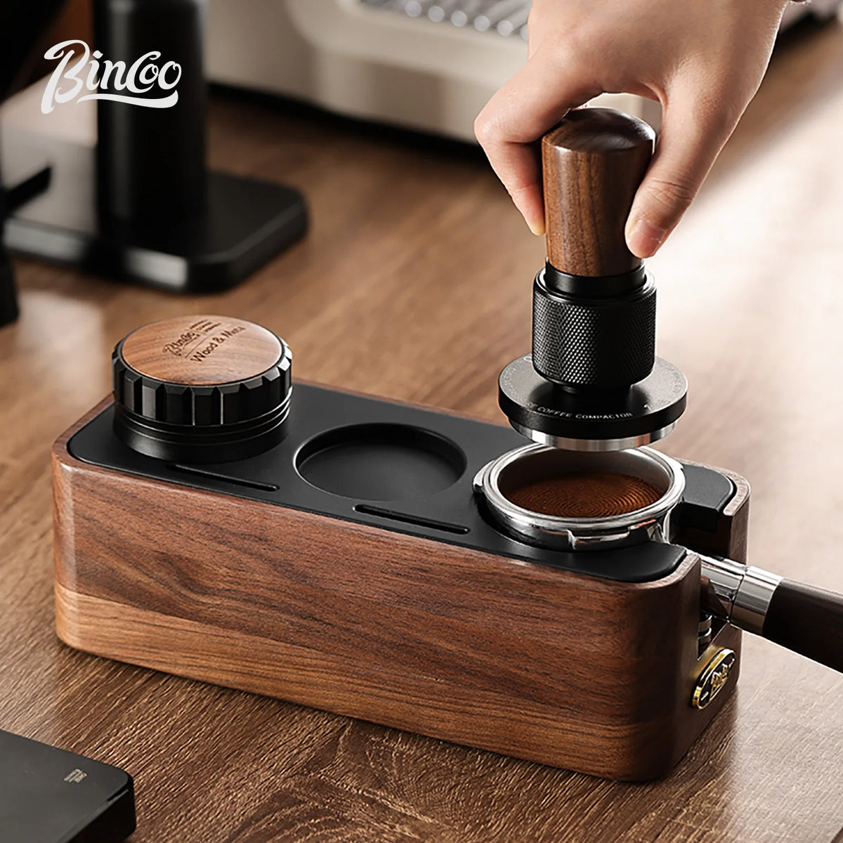 Bincoo Solid Wood Coffee Tamping Stand – 51/58mm Portafilter Coffee Tamping Stand Qst