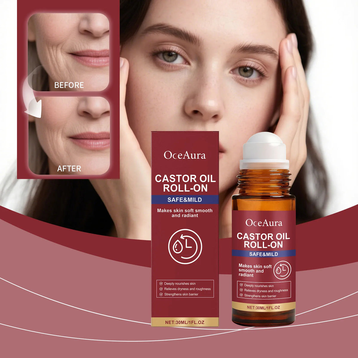 OceAura Castor Oil Roll-On Face Serum – Nourishing 30ml Face Serum Roller Qst